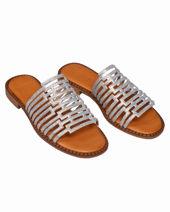 BRUNO SCARPE - Γνήσιο Δέρμα Παντόφλα Ασημί με Strass BS-07287-S BRUNO SCARPE - Γνήσιο Δέρμα Παντόφλα Ασημί με Strass BS-07287-S